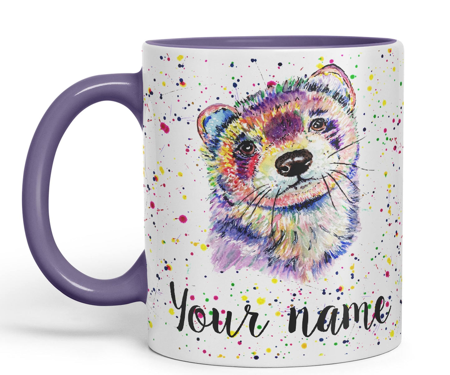 Personalised mug with Your Text name Ferret Pet animals Watercolour Art Coloured Ceramic Mug Cup Gift 330ml 11oz Custom Work Office Tea Coffee