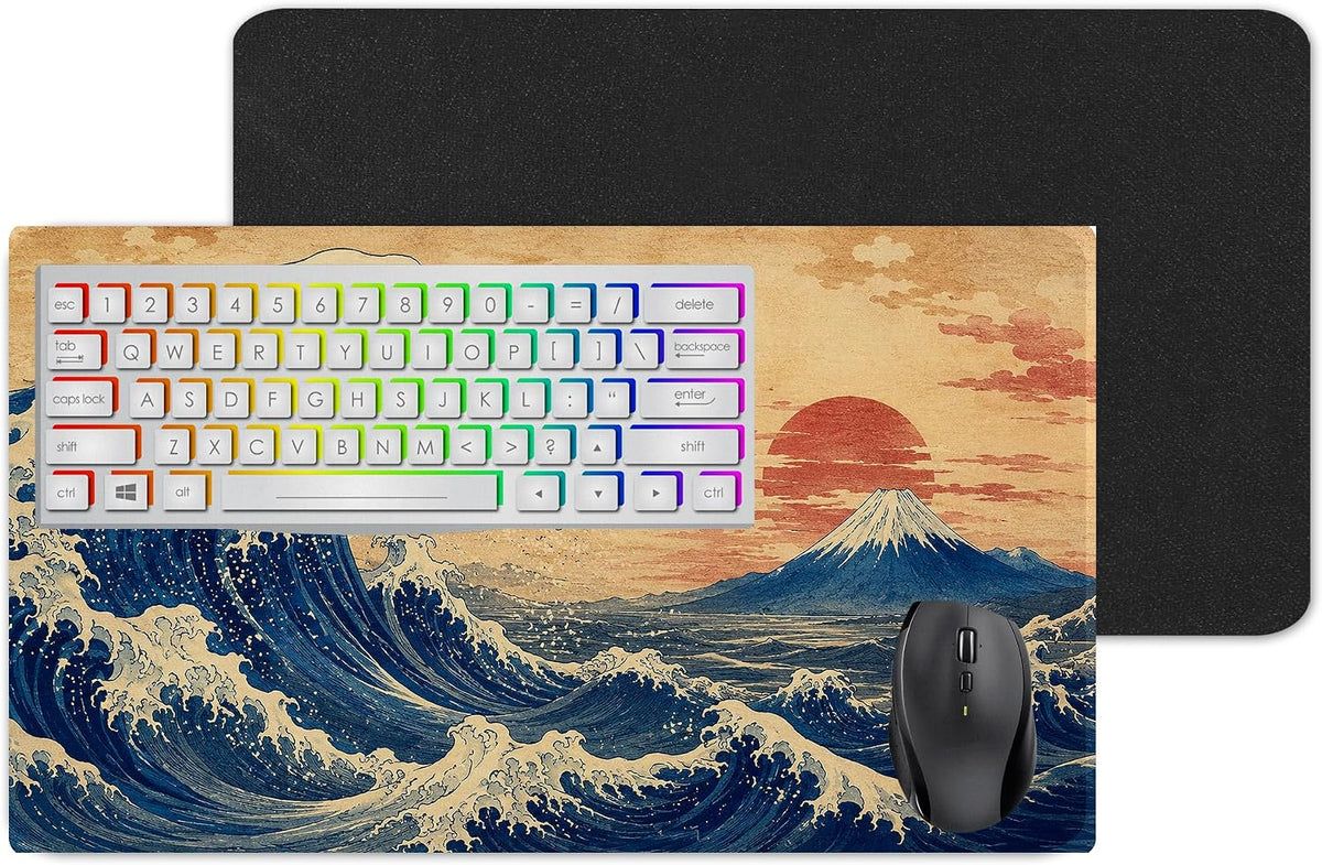 Vixar Great Wave and Mount Fuji Large Desk Mat – Japanese Art Fabric Mouse Pad with 3mm Non-Slip Rubber Base, 600 x 350mm