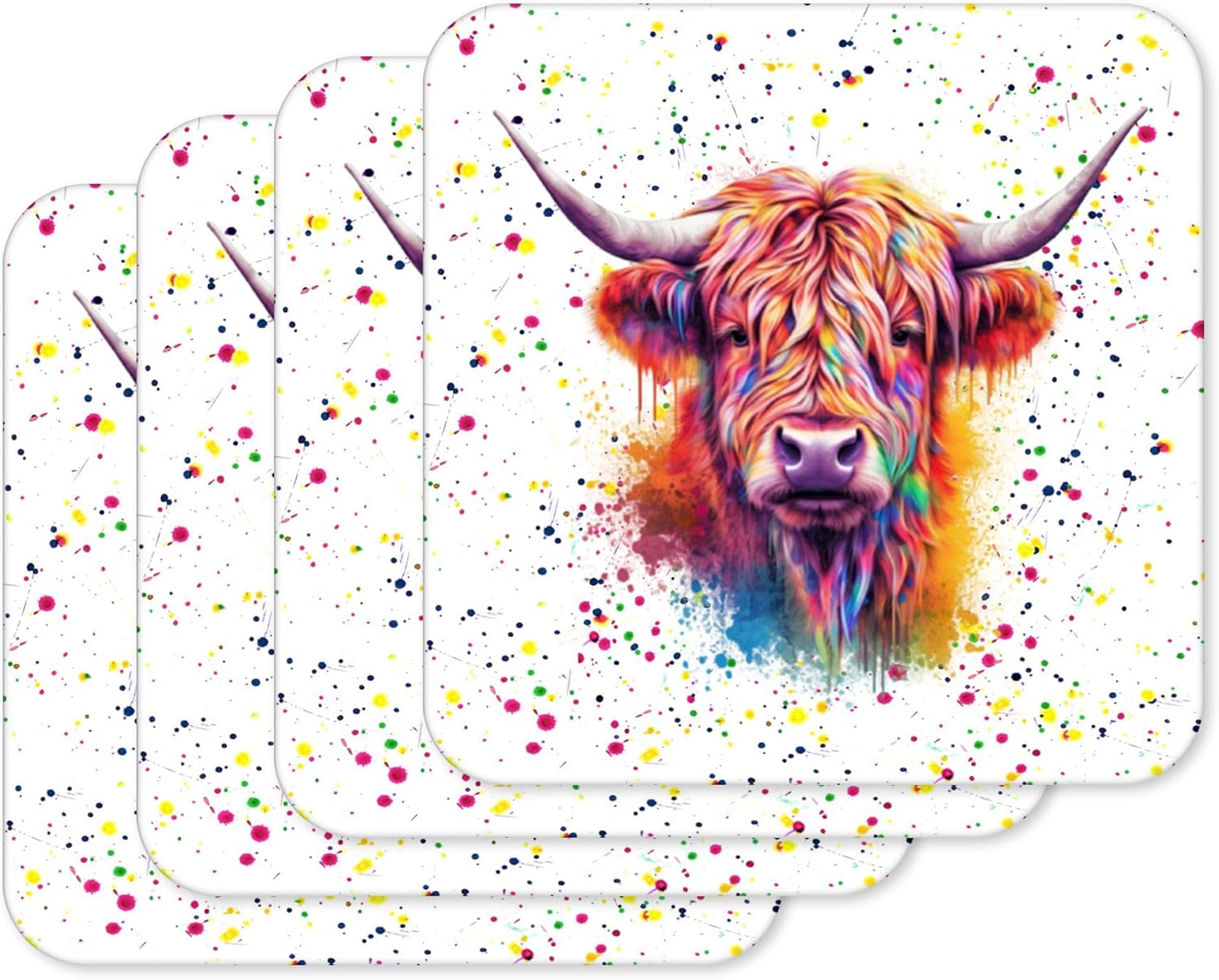 Colour Splash Highland Cow – Bright Rainbow Animal Coaster (4)