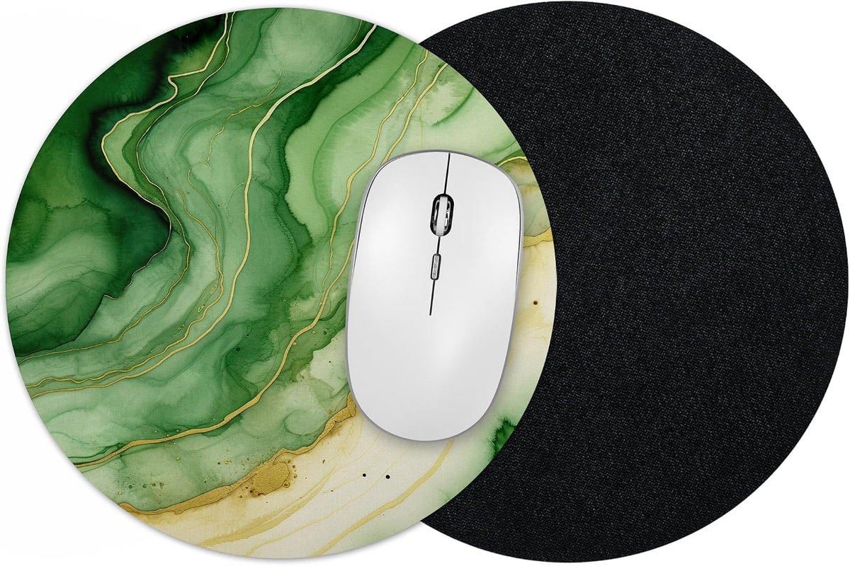 Vixar Green Marble Round Mouse Mat – Gold Effect Fabric Mouse Pad with 5mm Non-Slip Rubber Base, 202mm (Green)