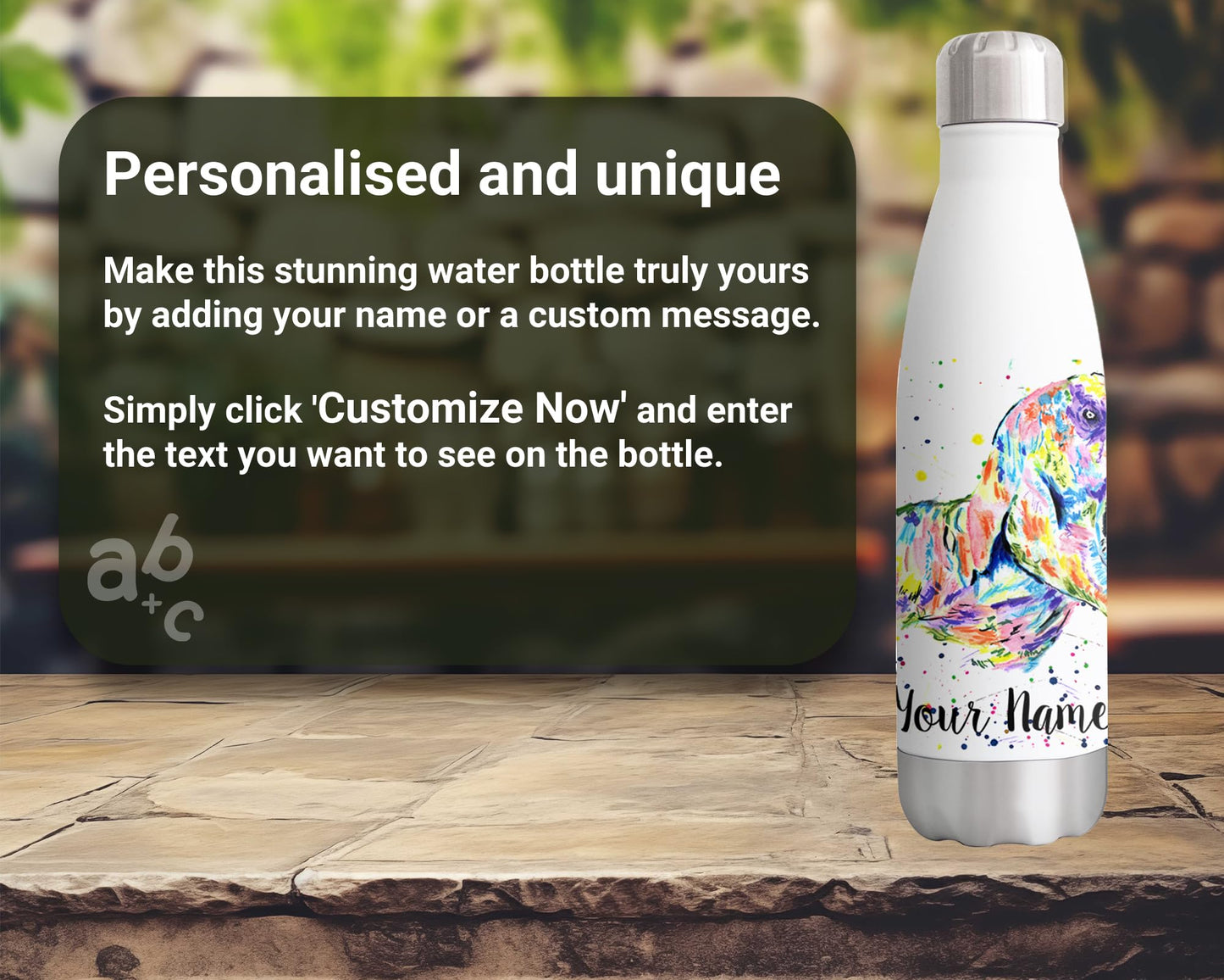 Vixar Dinosaur T-rex dino Personalised Custom Bottle with your Text/name Watercolour Bottle double Wall insulated Stainless steel sport Drinks 500ml v1