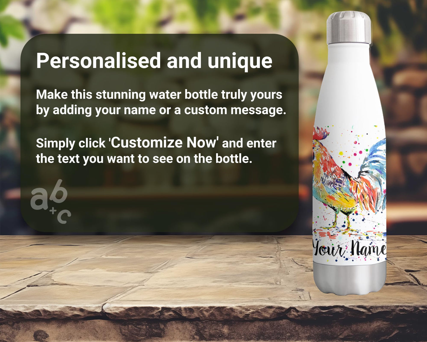 Cockerel Personalised Custom Bottle with Your Text/Name Chicken Hen Farm Animals Watercolour Animals Bottle Double Wall Insulated Stainless Steel Sport Drinks 500ml