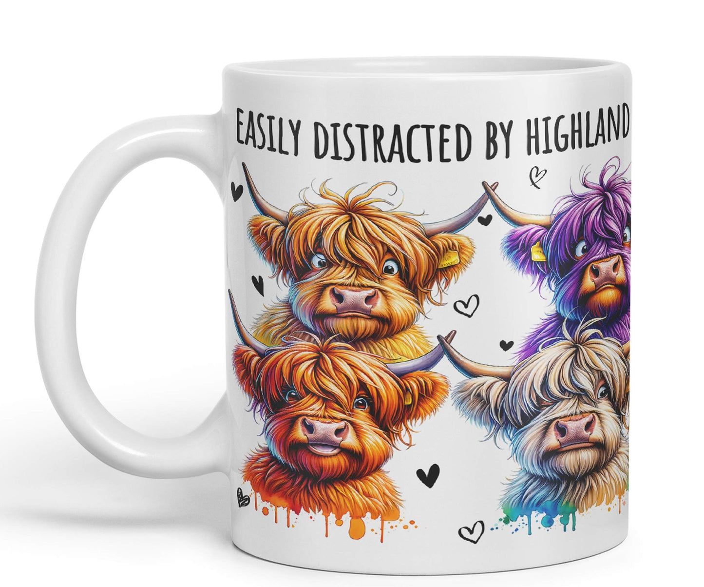 Easily Distracted by Highland Cows Scottish Farm Animals Ceramic Coloured Mug Cup for Tea Coffee Hot Brew 330ml 11Oz Gift