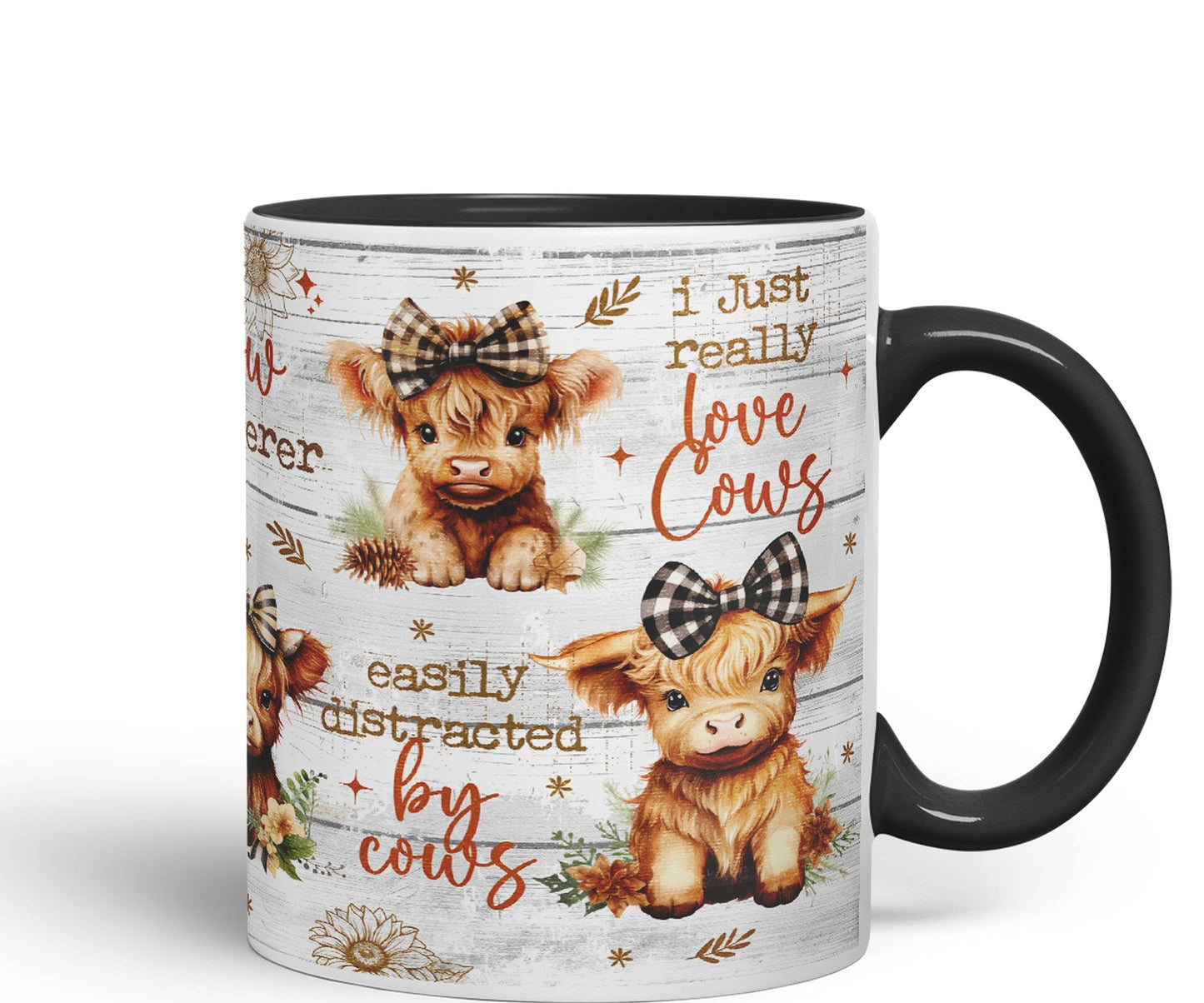 Easily Distracted by Baby Cow Whisperer I just Realy Love Cow Highland Scottish Farm Animals Ceramic Coloured Mug Cup for Tea Coffee Hot Brew 330ml 11Oz Gift