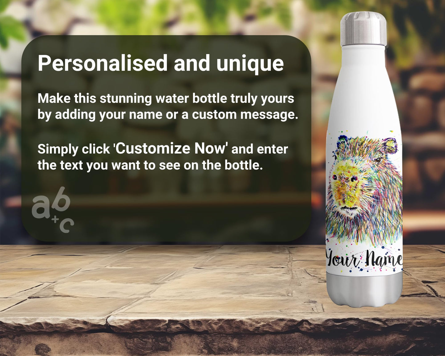 Vixar Capybara Personalised Custom Bottle with your Text/name Watercolour Animals Bottle Double Wall Insulated Stainless Steel Sport Drinks 500ml