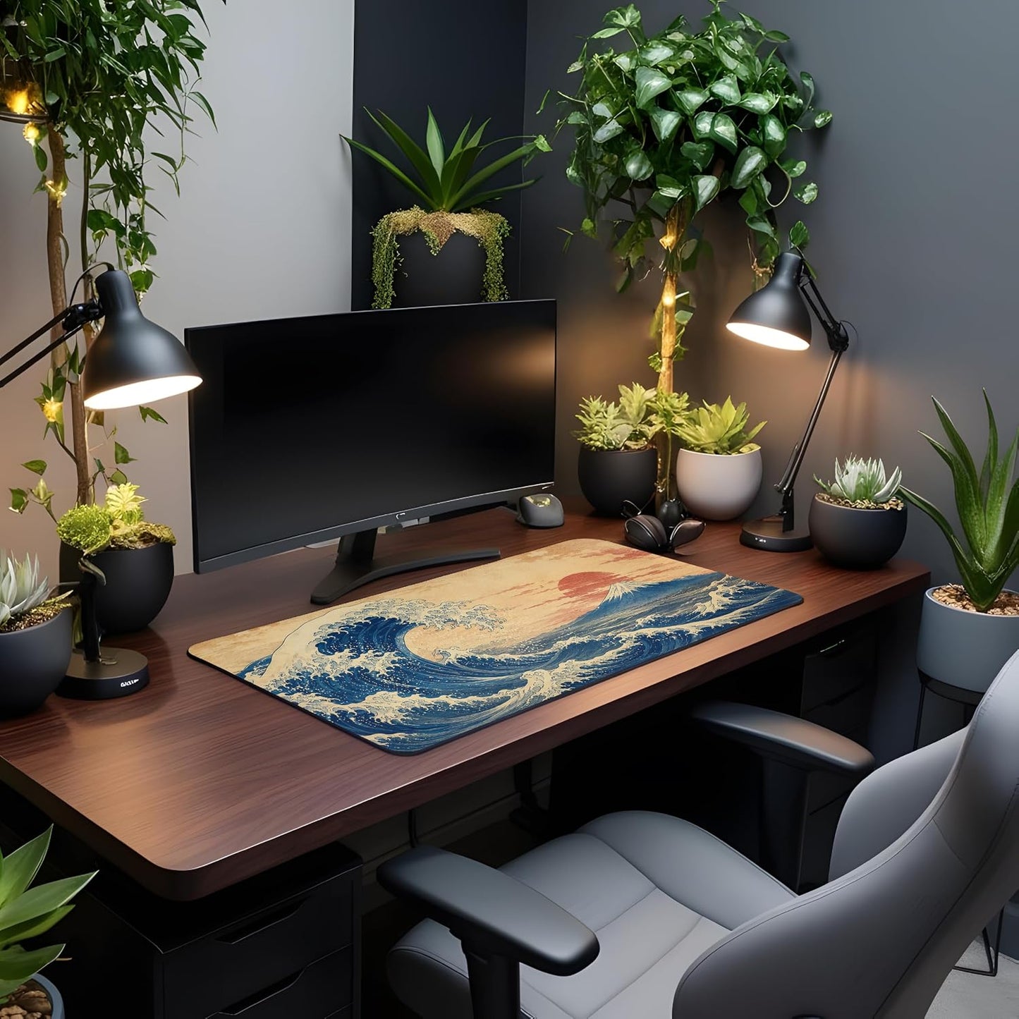 Vixar Great Wave and Mount Fuji Large Desk Mat – Japanese Art Fabric Mouse Pad with 3mm Non-Slip Rubber Base, 600 x 350mm