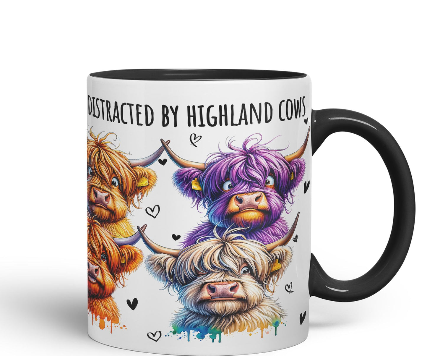 Easily Distracted by Highland Cows Scottish Farm Animals Ceramic Coloured Mug Cup for Tea Coffee Hot Brew 330ml 11Oz Gift