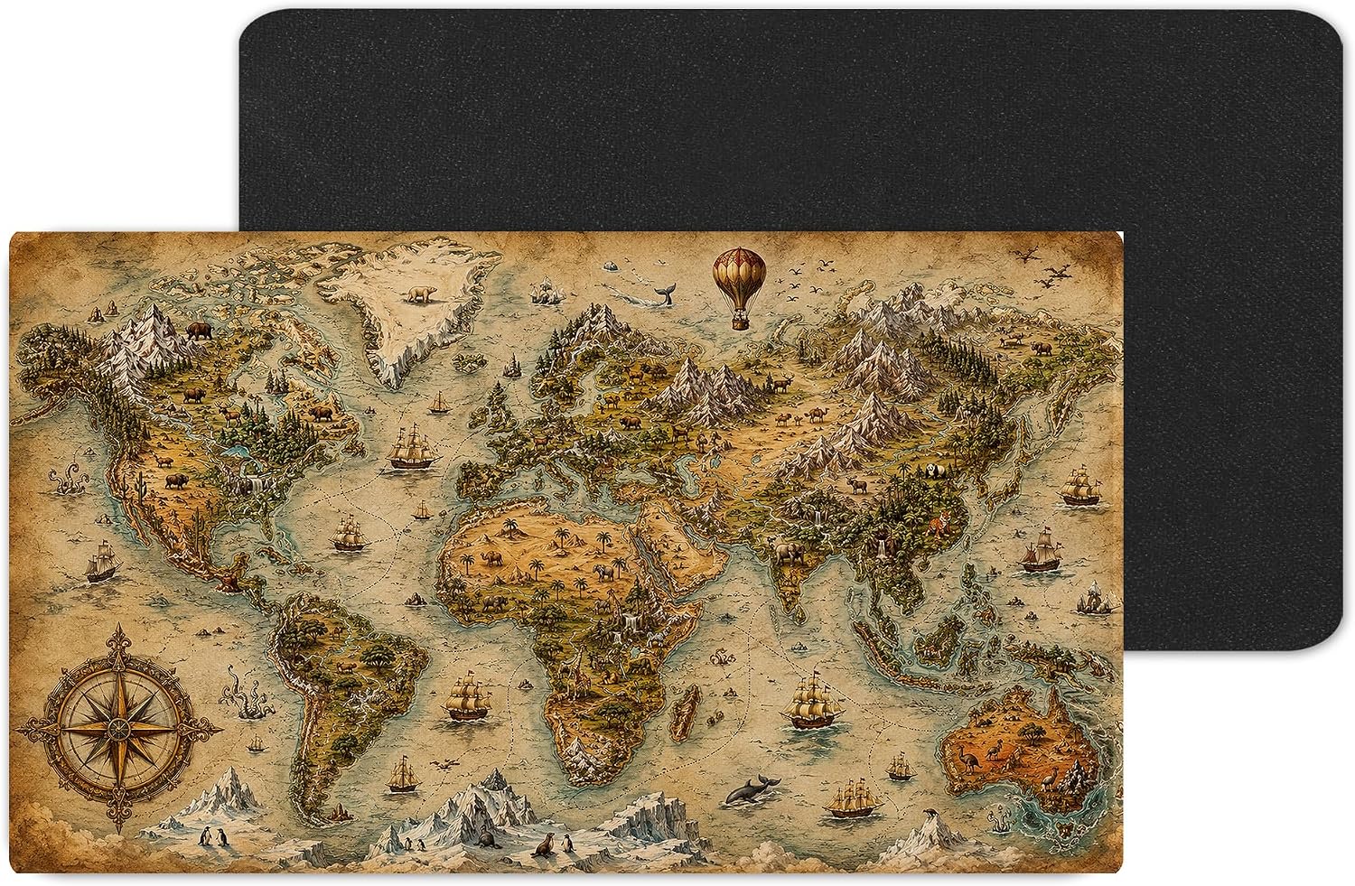 Antique Nautical World Map Large Desk Mat – Vintage Parchment Fabric Mouse Pad with 3mm Non-Slip Rubber Base, 600 x 350mm (Antique)