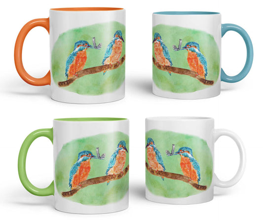 King Fisher Kingfisher Pair Bird animals Watercolour Rainbow Art Coloured Mug Cup