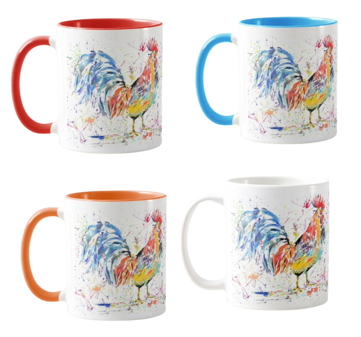 Cockerel Rooster hen Watercolour Rainbow Art Farm Animal Coloured Mug Cup