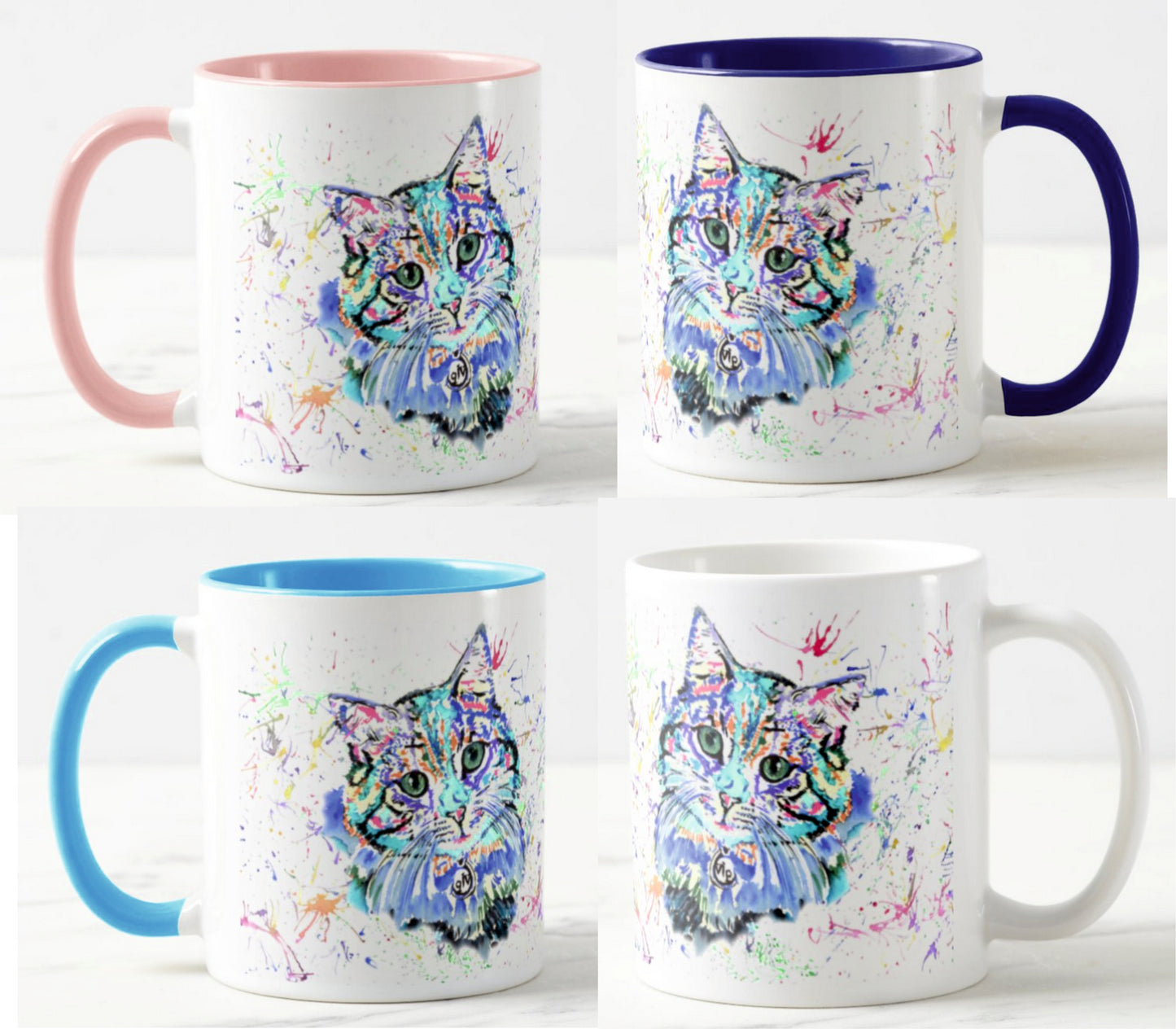 Cat Blue Kitten Feline Animal Watercolour Rainbow Art Coloured Mug Cup