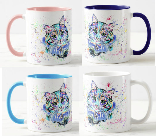 Cat Blue Kitten Feline Animal Watercolour Rainbow Art Coloured Mug Cup