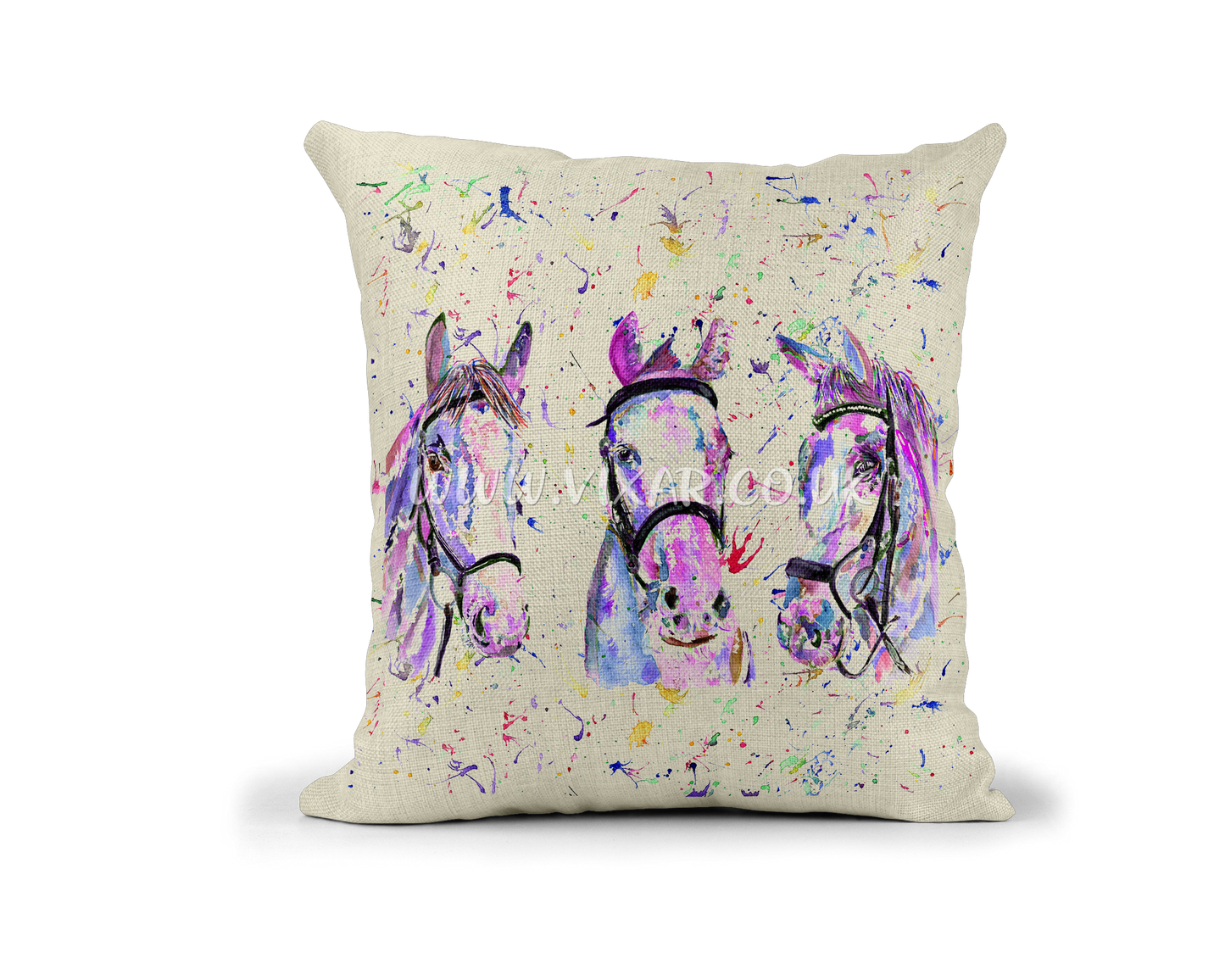 Horse x 3 Farm animals Watercolour Rainbow Linnen Cushion With filling or cover only, 40x40cm