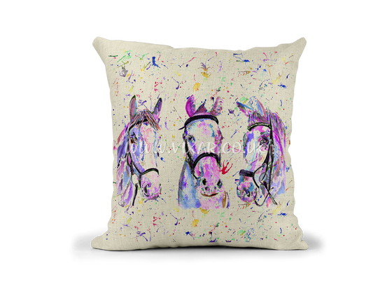 Horse x 3 Farm animals Watercolour Rainbow Linnen Cushion With filling or cover only, 40x40cm