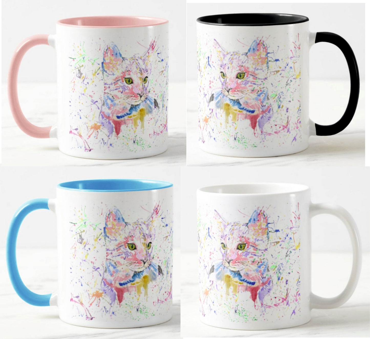 Kitten Pink Cat Feline Animal Watercolour Rainbow Art Coloured Mug Cup