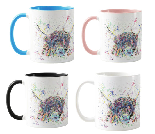 Highland Cow Scottish Farm Animal Watercolour Rainbow Art Coloured Mug Cup