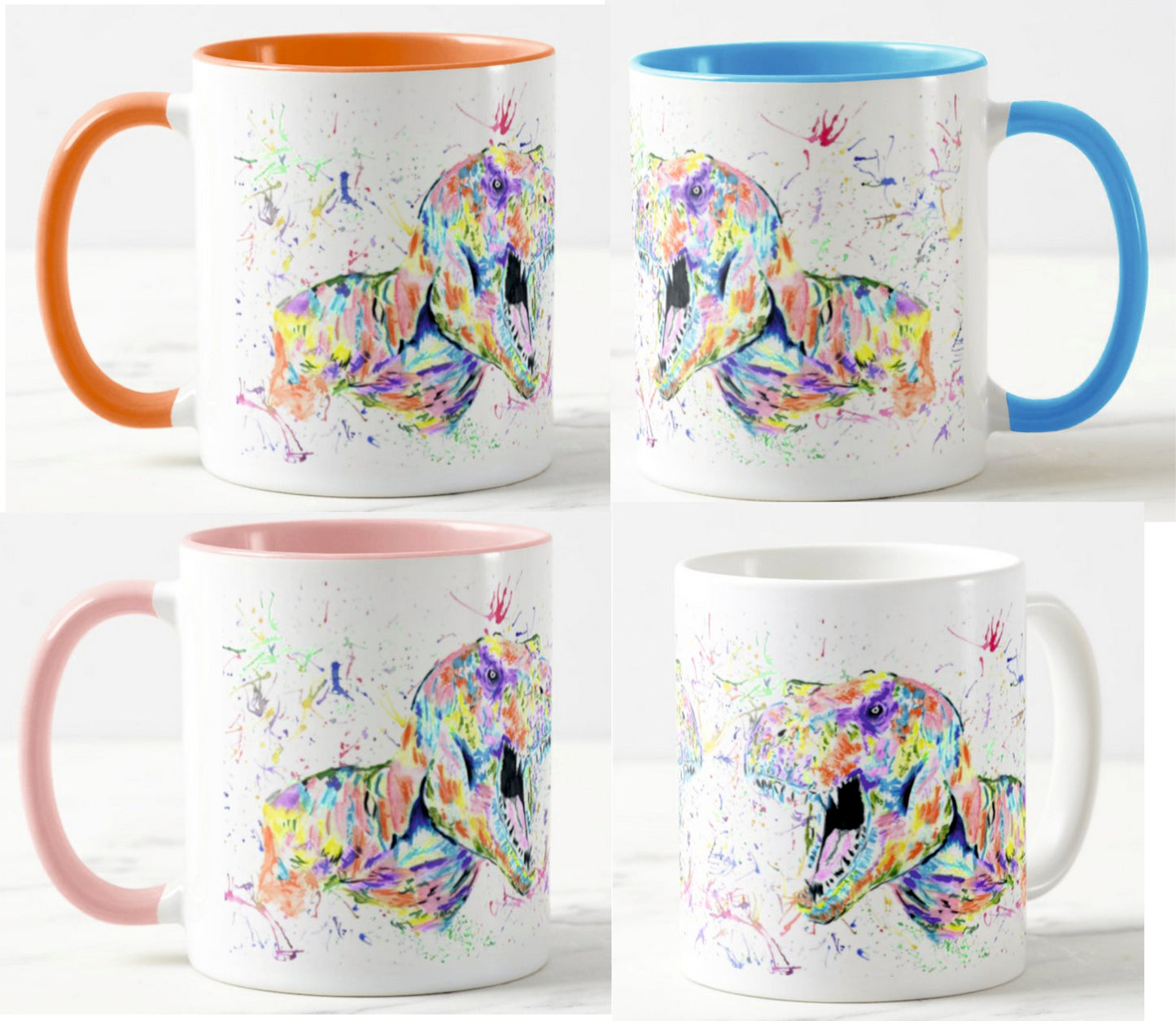 Dinosaur T-Rex Tyrannosaurus Watercolour Rainbow Art Coloured Mug Cup