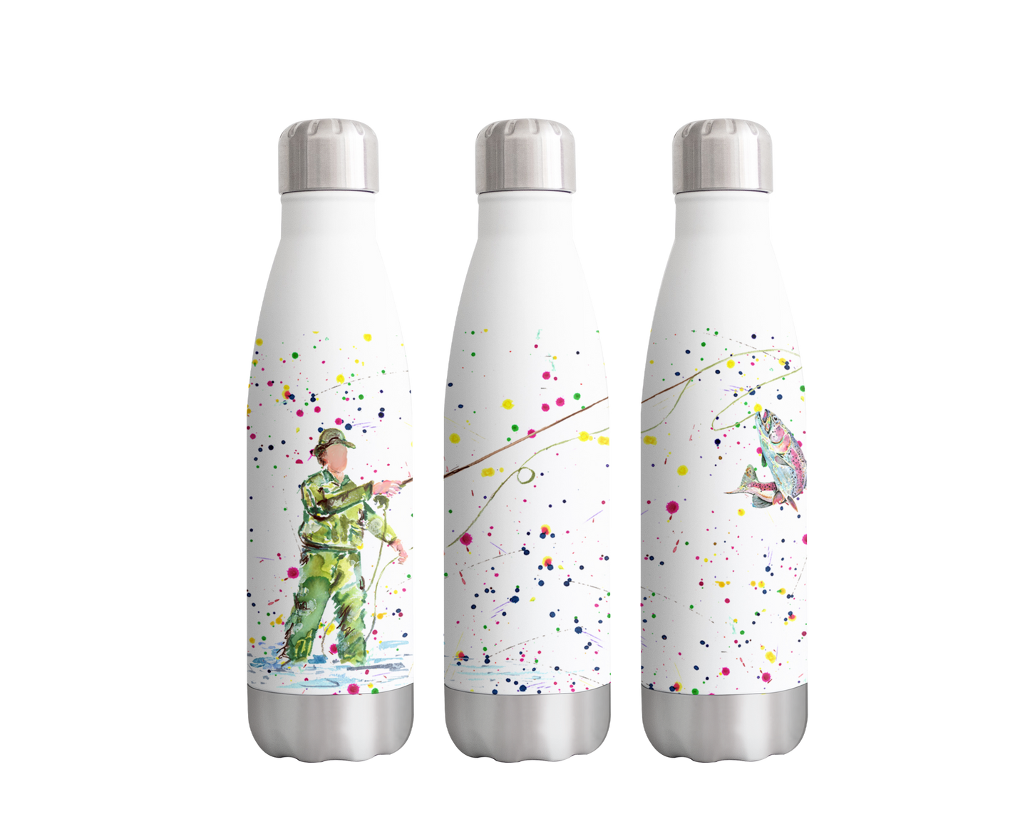 Fisherman Fishing Fly Fish Dad Grandads Watercolour Rainbow Art Bottle  500ml