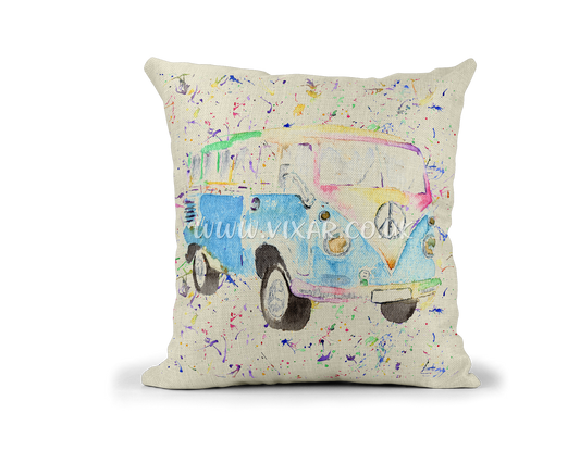 Campervan Camper Holiday Watercolour Rainbow Linnen Cushion With filling or cover only, 40x40cm