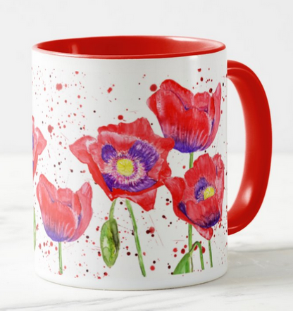 Poppies Poppy Hand Painted Flowers Watercolour Rainbow Art Coloured Mug Cup