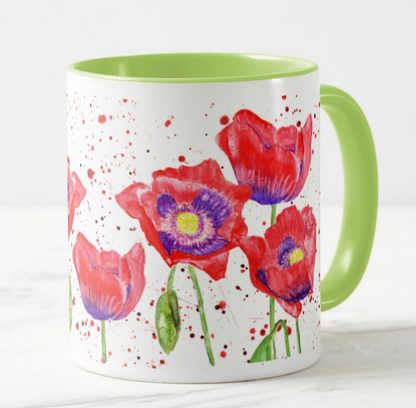 Poppies Poppy Hand Painted Flowers Watercolour Rainbow Art Coloured Mug Cup
