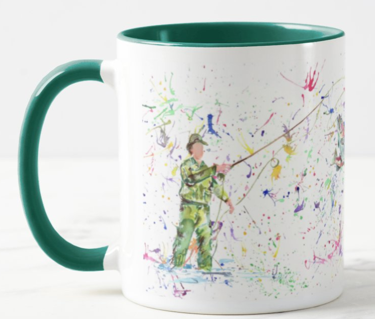 Fisherman Fishing Fly Fish Dad Grandad Watercolour Rainbow Art Coloured Mug Cup