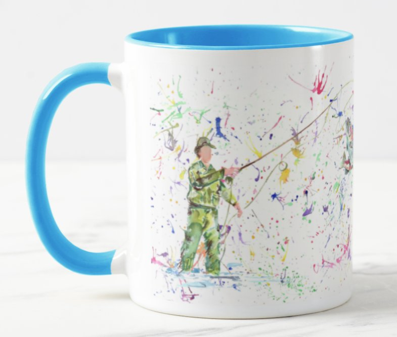 Fisherman Fishing Fly Fish Dad Grandad Watercolour Rainbow Art Coloured Mug Cup