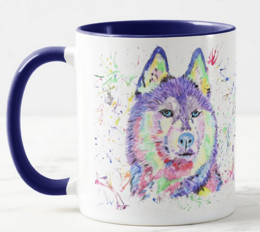 Husky Snow Dog Pet Animals Watercolour Rainbow Art Coloured Mug Cup