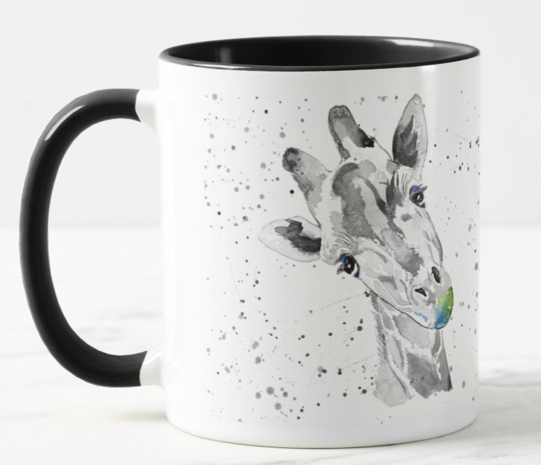 Giraffe Black and White safari Animal Watercolour Rainbow Art Coloured Mug Cup