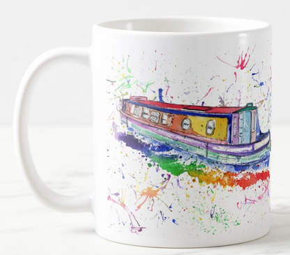Narrowboat Canal Boat Watercolour Rainbow Art Coloured Mug Cup