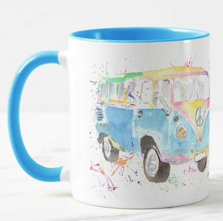 Campervan Camper Holiday Watercolour Rainbow Art Coloured Mug Cup