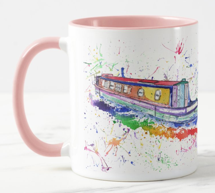 Narrowboat Canal Boat Watercolour Rainbow Art Coloured Mug Cup