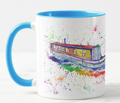 Narrowboat Canal Boat Watercolour Rainbow Art Coloured Mug Cup