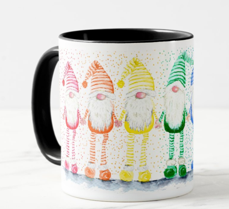 Gnome Gnomes Gonk Christmas Watercolour Rainbow Art Coloured Mug Cup