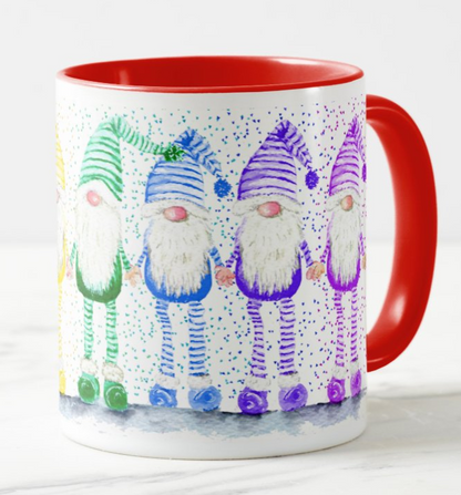 Gnome Gnomes Gonk Christmas Watercolour Rainbow Art Coloured Mug Cup