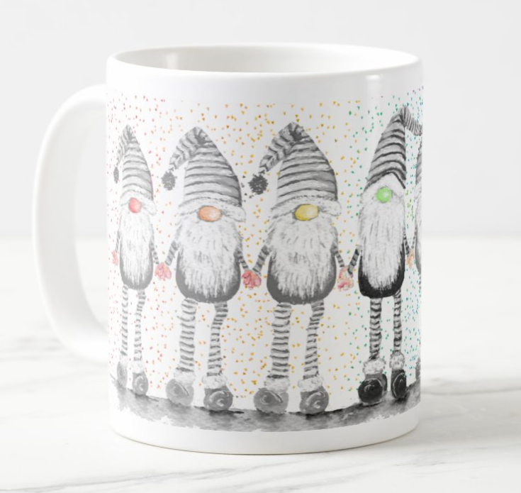 Gnome Gnomes Gonk Grey Christmas Watercolour Rainbow Art Coloured Mug Cup