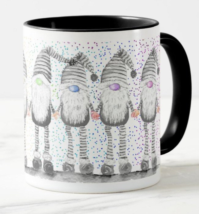 Gnome Gnomes Gonk Grey Christmas Watercolour Rainbow Art Coloured Mug Cup