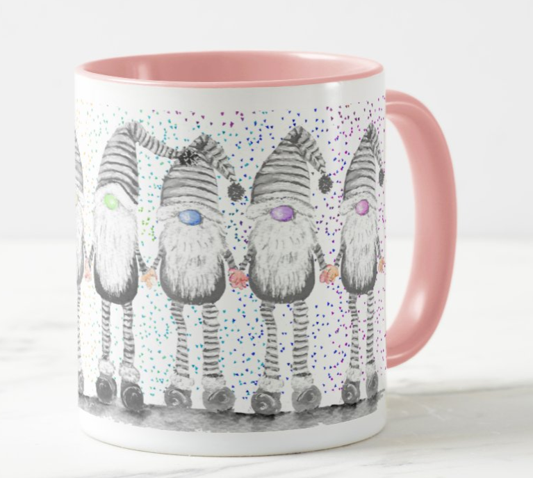 Gnome Gnomes Gonk Grey Christmas Watercolour Rainbow Art Coloured Mug Cup