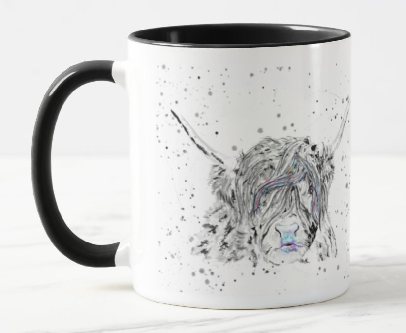 Cow Scottish Highland farm Black and White Animals Watercolour Rainbow Art Coloured Mug Cup