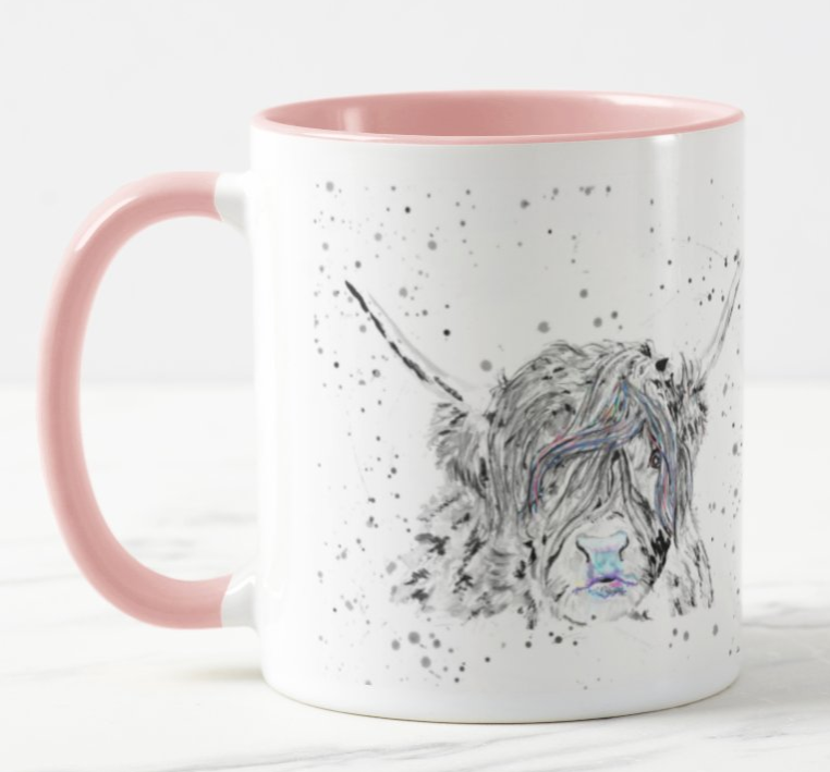 Cow Scottish Highland farm Black and White Animals Watercolour Rainbow Art Coloured Mug Cup