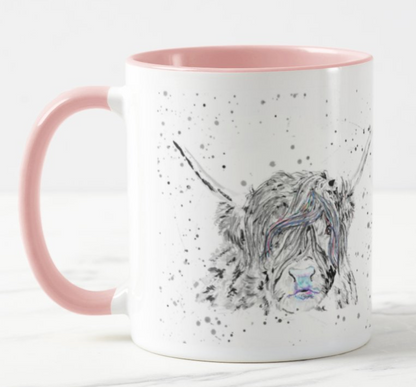 Cow Scottish Highland farm Black and White Animals Watercolour Rainbow Art Coloured Mug Cup