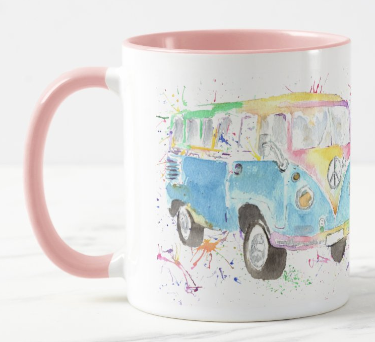 Campervan Camper Holiday Watercolour Rainbow Art Coloured Mug Cup