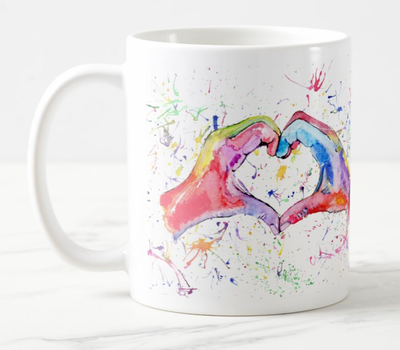 Hand Heart Watercolour Rainbow Art Coloured Mug Cup