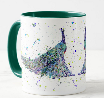 Peacock Bird Animals Watercolour Rainbow Art Coloured Mug Cup