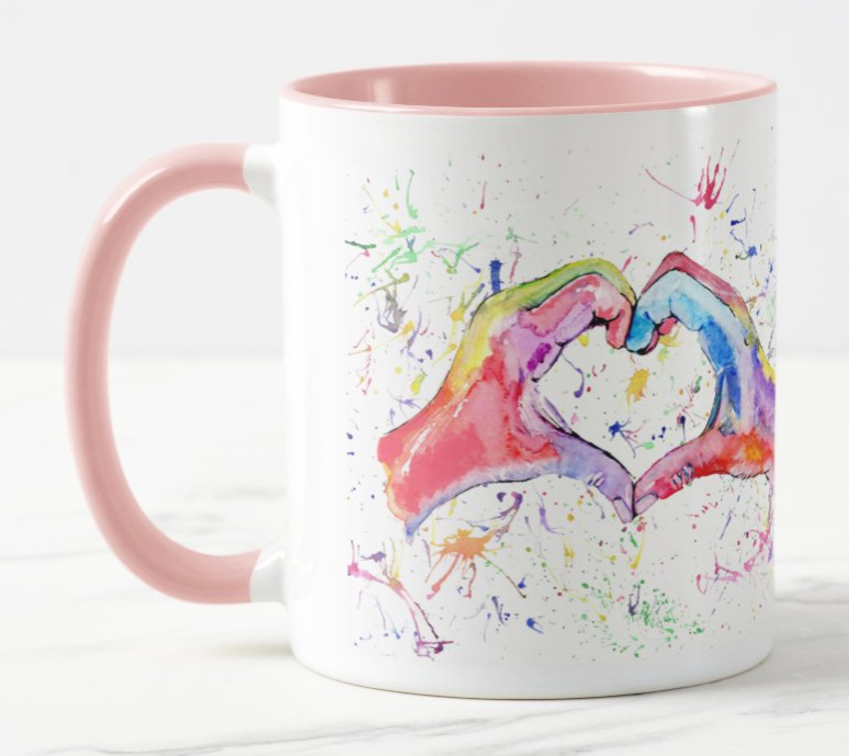 Hand Heart Watercolour Rainbow Art Coloured Mug Cup