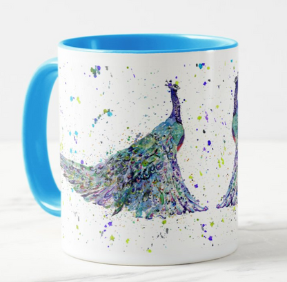 Peacock Bird Animals Watercolour Rainbow Art Coloured Mug Cup