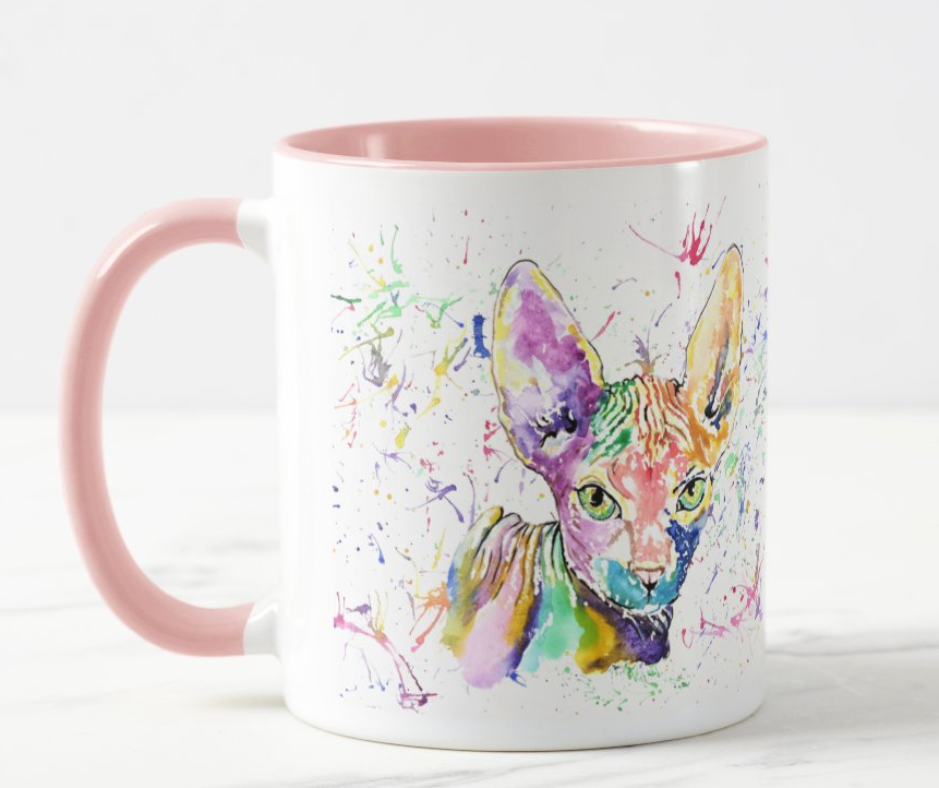 Sphynx Cat Pet animals Watercolour Rainbow Art Coloured Mug Cup