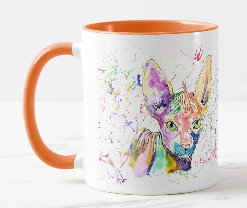 Sphynx Cat Pet animals Watercolour Rainbow Art Coloured Mug Cup