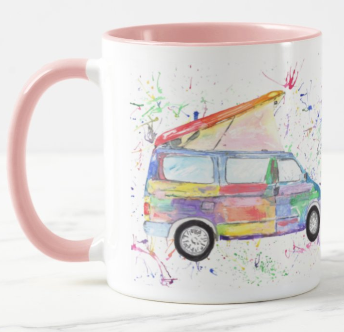 Campervan Bongo Camping Camper Car Watercolour Rainbow Art Coloured Mug Cup