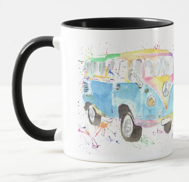 Campervan Camper Holiday Watercolour Rainbow Art Coloured Mug Cup